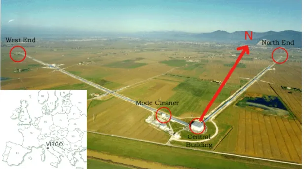 Figure 3.1: Location of the VIRGO gravitational wave antenna, Cascina (Pisa). The ring-laser gyroscope G-Pisa, a Guralp CMG40-T broadband seismometer and a tri-axial EpiSensor ES-T accelerometers are located in VIRGO’s central building
