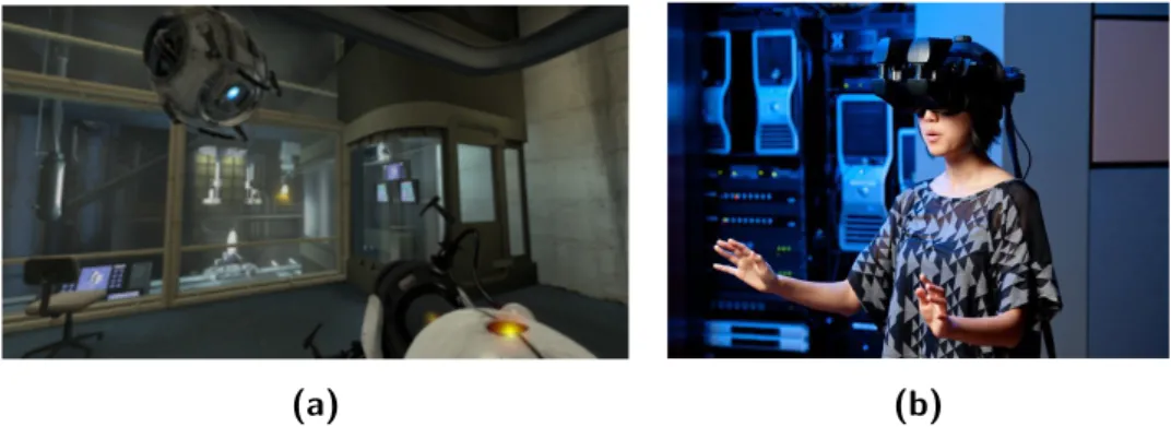 Figure 2.2: Egocentric camera samples: a First Person Shooter videogame (a), A VR immersive 3D simulation using a head mounted display (b).