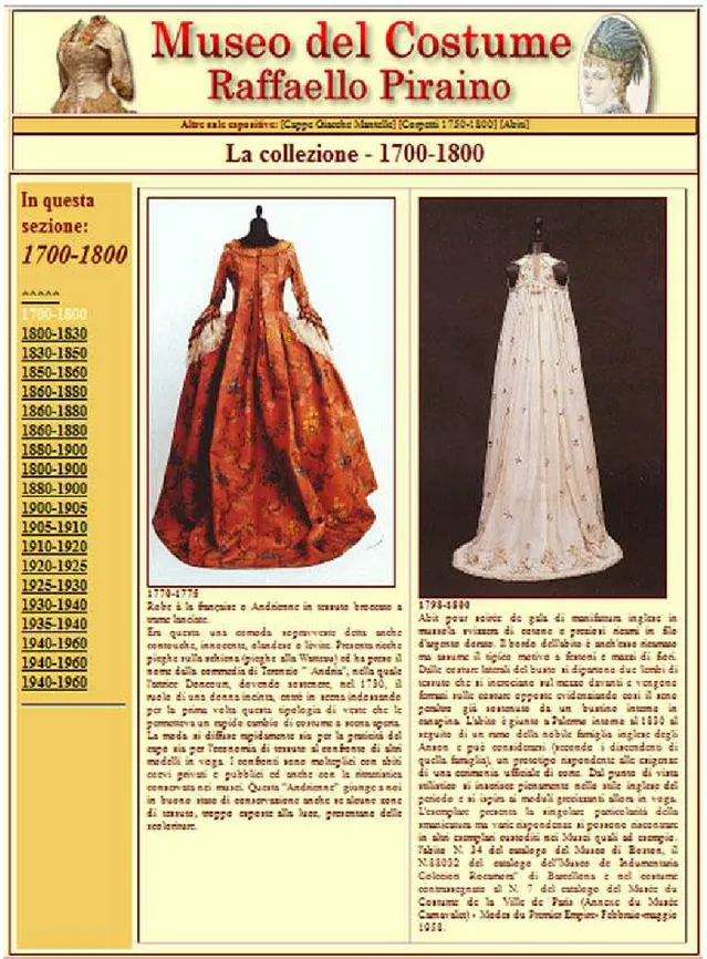Figura 2.  Immagine della pagina del sito web del Museo Raffaello Piratino, dedicata  alla collezione 1700    - 1800