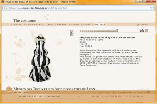 Figura 11. Immagine dell'abito realizzato da Paco Rabanne e didascalia relativa ,  all'interno del sito web del Musées des Tissus et des Arts décoratifs de Lyon