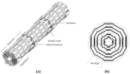 Figure 2.2 Schematic illustration of three instrumented mechanical barrels of SVXII (a) and of the cross-section of a SVXII barrel in the (r, ϕ) plane (b).