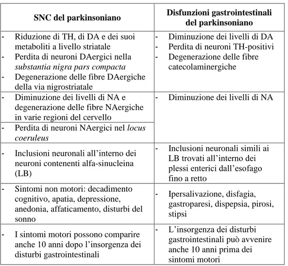 Tabella 1. Alterazioni nell’encefalo e nel tratto gastrointestinale relative al parkinsonismo (Natale et al.,  2008)