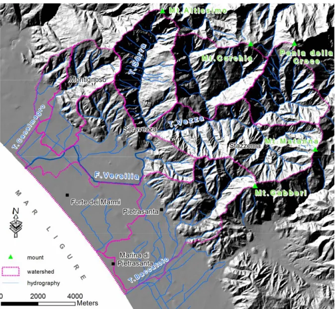 Figure 2.2 - Watershed, mounts and hydrography of the study area. 