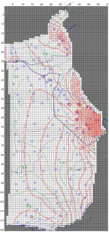 Figure 5.9 – Water table map calculated with the numerical model (red lines) and piezometric  map performed in this study (green lines)