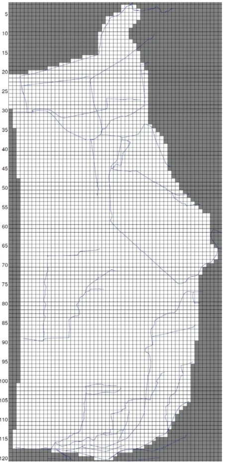 Figure 5.1 – Discretization of the area with cells spacing 100x100m. The cells  grey are no-flow cell