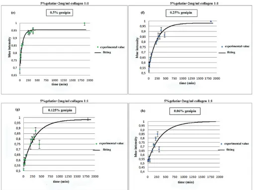 Figure 2.3.2: Blue intensity against time as expression of rate reaction, for gelatin collagen samples at lower genipin concentration (e)0.5%, (f)0.25%, (g)0.125%, (h)0.06%w/w.