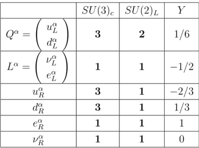 Tabella 1.1: Campi di materia (spinoriali) e campi di gauge (vettoriali) del Modello Standard