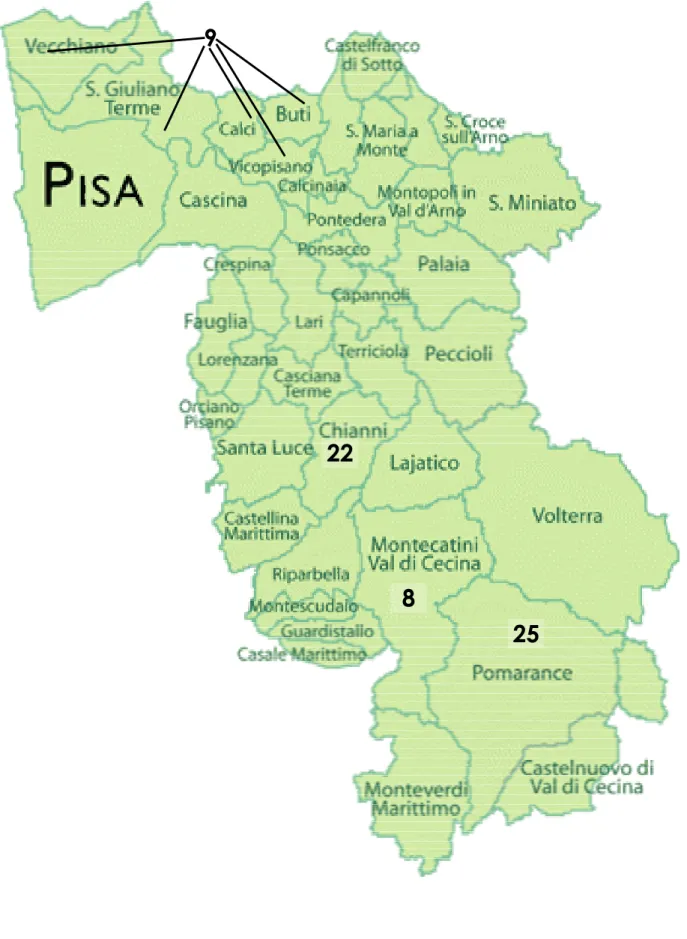 Figura 8 Cartina politica della Provincia Pisana con i comuni e i relativi campioni prelevati