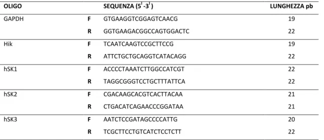 Tabella 9. Sequenze dei primer utilizzati. Tutti gli oligo sono stati forniti dalla ditta Sigma Genosys (Milano)