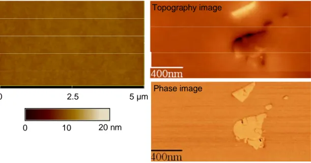 Fig. 3.3. Surface images of a 9 nm thick PVAc film (left) and a 55 nm thick MMT-PVAc nanocomposite  film (right) measured by AFM in tapping mode