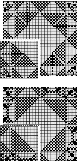 Figure 4.8 The recurrent identity on a portion of side 50 of the square lattice, with pseudo-Manhattan (up) and Manhattan (down) orientation.