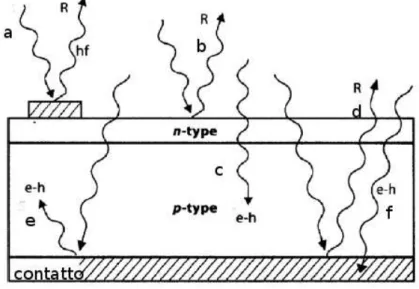 Figura 1.4: Comportamento della luce a contatto con una cella solare: (a) assorbimento e riflessione ad opera del contatto metallico superiore; (b) riflessione da parte della superficie della cella; (c)  assorbi-mento da parte del materiale semiconduttore;