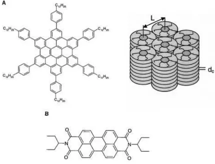 Figura 1.18: Composto liquido cristallino esa-peri-esabenzocoronene (A) ed una perilene bisimmide (B), e lo schema della loro auto-organizzazione
