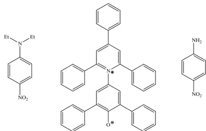 Figure 3.1. From the left, N,N-diethyl-4-nitroaniline, Reichardt's dye and 4-nitroaniline