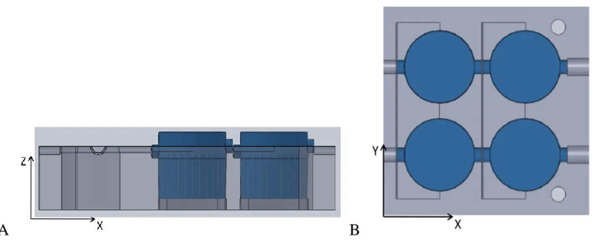Figure 5.4 A: cross section view of slots where bioreactors (blue parts) are housed. Shape  of the slot forces the module in a correct position on the XY plane