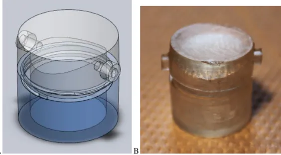 Figure 5.6 A:3D view of a bioreactor module. Blue part represents the bottom chamber. 