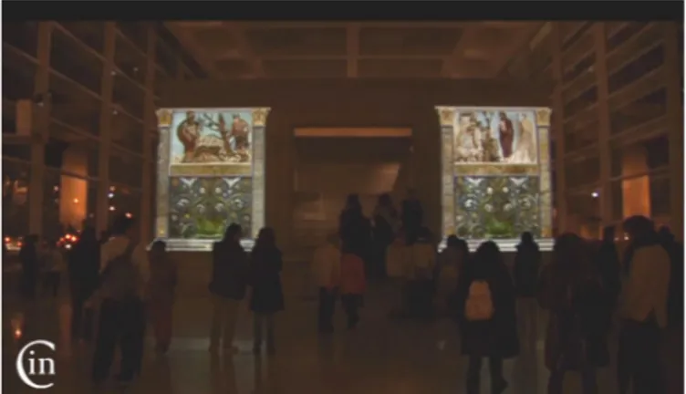 Fig. 6. A frame of the Ara Pacis work. On the main facade of the monument, a high- high-definition projection presents the hypothesis of ancient colors