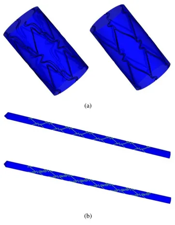 Figure 1 - Reconstructed geometries: (a) complete stent, S2 on the left and S1 on the right,   (b) geometry used for numerical simulations