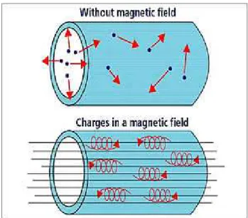 Fig 1.6 .particelle cariche con orbite spirali lungo le linee del campo magnetico 