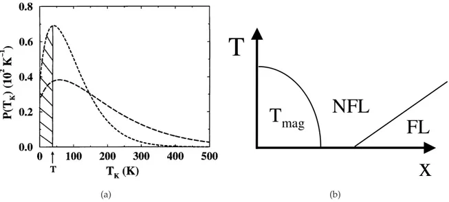 Figure 1.9: (a) Probability distribution of the Kondo temperature [7]. (b) Disorder and competi- competi-tion between magnetic interaccompeti-tion [13]: a schematic phase diagram