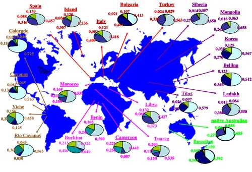 Fig. 8. World distribution of the HS1,2A allele frequencies. The HS1,2A allele  frequencies  vary  through  world  populations  according  to  the  belong  to  geographical  groups