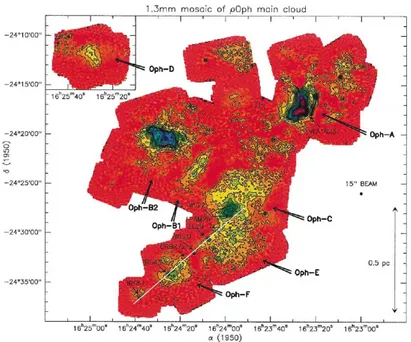 Figure 1.1: The ρ Ophiuchus molecular cloud complex mapped at 1.3 mm. Figure taken from Motte et al.