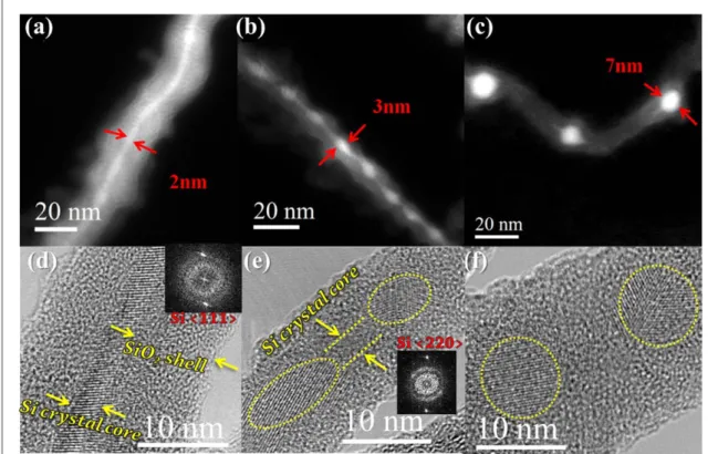 Figure 1. (a)–(c) Typical EFTEM images of the different morphologies of the ICP-synthesized Si nanostructures: (a) cylindrical SiNW, (b) chaplet-like SiNW, (c) SiNC chain
