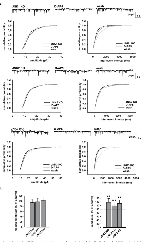 Figure 8 | JNK2 isoform is involved in NMDA- mediated glutamate release. (A) Cumulative distributions of mEPSC amplitude (left) and iei (right) recorded from a single JNK isoform KO neuron in response to D-AP5 (50 mM)