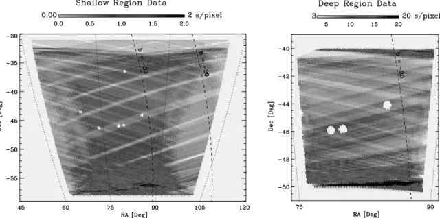 Fig. 1.—Sky coverage obtained during the 2003 January flight of BOOMERANG. The integration times per 3 A4 pixel are shown for the shallow and deep data subsets described in the text