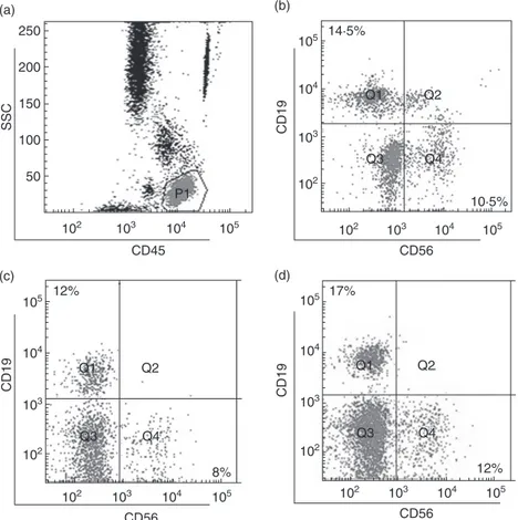 Fig. 1. Circulating CD16 + CD56 + natural killer (NK) and CD19 + B cells in a healthy control (HC) and a rheumatoid arthritis (RA) patient.