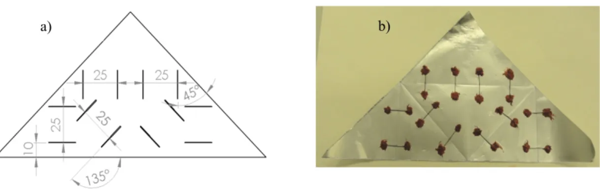 Fig. 4 – a) Sketch of folding test 2 (dimension reported in mm); b) Prototype of test 2, the three triangle apexes don’t open.