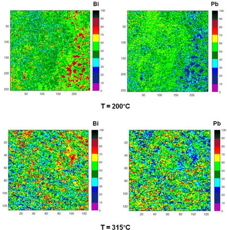 Figure 11 displays the evolution of the areas rich in Bi. The images are obtained from corresponding maps of Figure 10 by plotting in red colour only the zones, where Bi content is in the range of 80–100 at