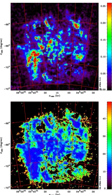 Fig. 11. Upper panel: map of the dust optical depths of the SMC at HFI 217 GHz. Units are 10 4 × τ