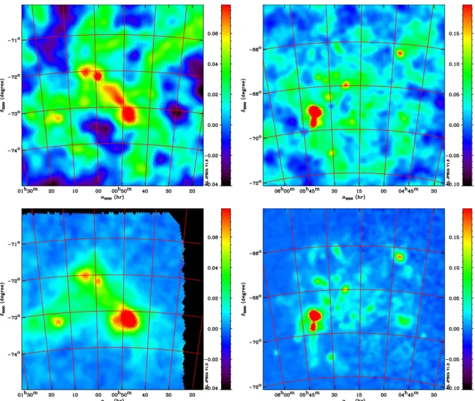 Fig. 3. SMC (left) and LMC (right) total intensity maps before (top) and after (bottom) CMB subtraction in the 70.3 GHz band at the 13.01 arcmin resolution.