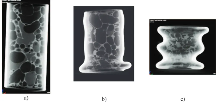 Fig. 3 – Al foam filled tube: tomographic images of the same section before compression (a) and  after folds formation (b,c).