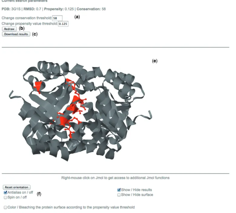 Figure 1. Example of a webPDBinder results page. The ﬁgure shows the prediction made on the Orotidine 5 0 -monophosphate decarboxylase from Methanobacterium thermoautotrophicum (PDB code 3G1S) with the default parameters (an RMSD threshold of 0.7 A˚, a Pro