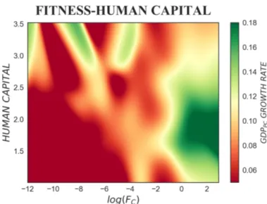 Figure 7. The colour-map represents the tridimensional relation between fitness, human capital and subsequent GDP per capita growth rate, where ∆t = 5 years is considered
