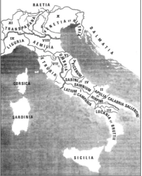 Figure 11.1. The regional division of Roman  Italy made by the emperor Augustus  (Franchi Dell’Orto 2001).