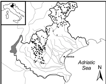 Figure 3.8.1 The sampling sites (black dots) were located in several river basins  in the Veneto region (NE Italy)
