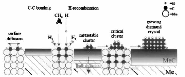fig. 3.8 Schema del meccanismo di nucleazione e crescita del diamante 