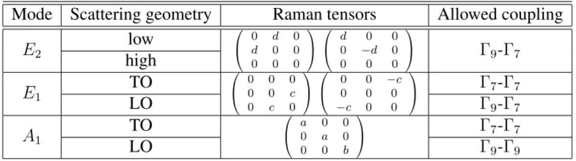 Table 2.4: Normal modes with relative Raman tensors and allowed coupling with electronic terms elaborated from [30]