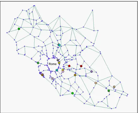 Figure 7: The road transportation network of Lazio with origin-destination pairs. 