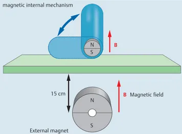 Fig. 2 The working principle of the magnetic internal mechanism (MIM) capsule. When the motor is activated, the capsule rotates as the  intracap-sular magnets stay in the same position with respect to the external  mag-net.