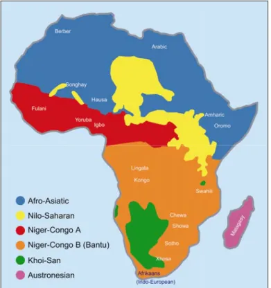 Figure 1.12: Map showing the distribution of African language families  (according to Joseph H