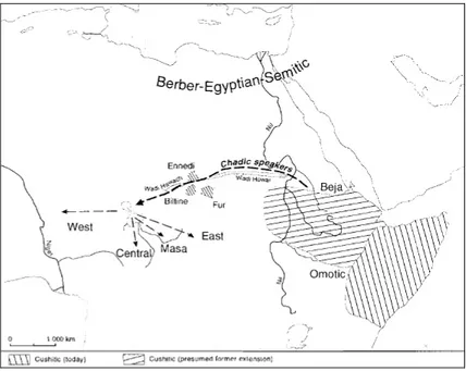 Figure 1.14: Hypothetical representation of the westward flow of Cushitic  Pastoralists from Eastern Africa according to archaeological record (Blench  1999)