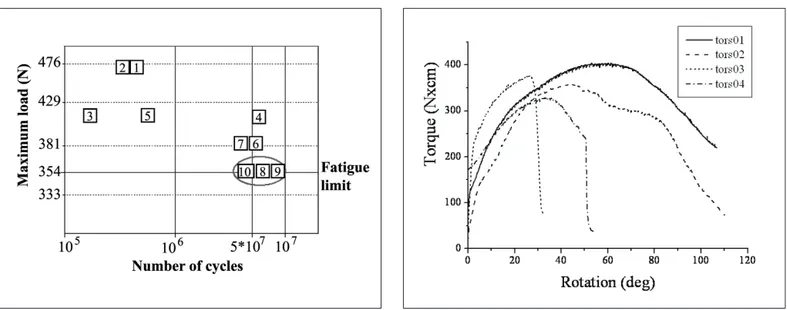 Fig. 4 - Torque tests: torque vs. rotation curves for four specimens of dental system S-T.