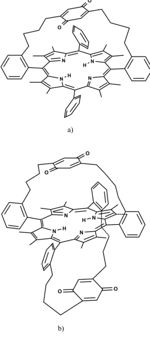 Figure 3.2. 3 Quinone capped porphyrin systems  studied by Mauzerall. Mono quinone capped  porphyrin a) and di-quinone capped porphyrin b)
