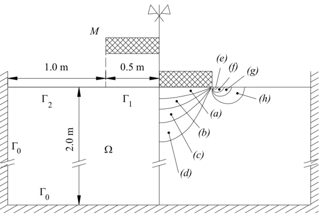Fig.  2-11. Problema del tuffatore; a sinistra: geometria del tuffatore e della piscina; la  velocità iniziale del tuffatore (diretta verso il basso) è X −  = 4.47 m/s; l’acqua è inizialmente  ferma; a destra: distribuzione delle velocità verticali nel flu