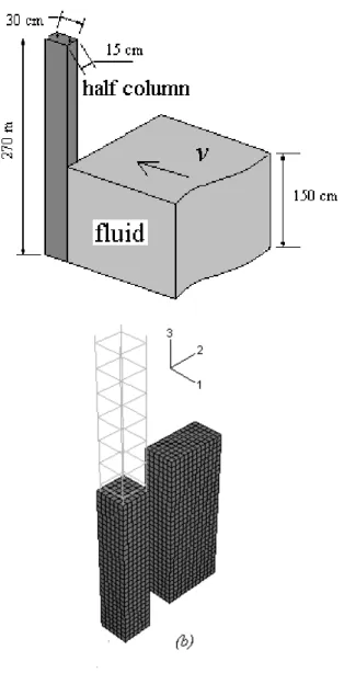 Fig.  9-7. Impatto di una colata a comportamento fluido contro una struttura; back-analysis del  collasso del pilastro; (a) dominio impostato nell’analisi; (b) schema del dominio di calcolo  impostato per le analisi numeriche (FEM)