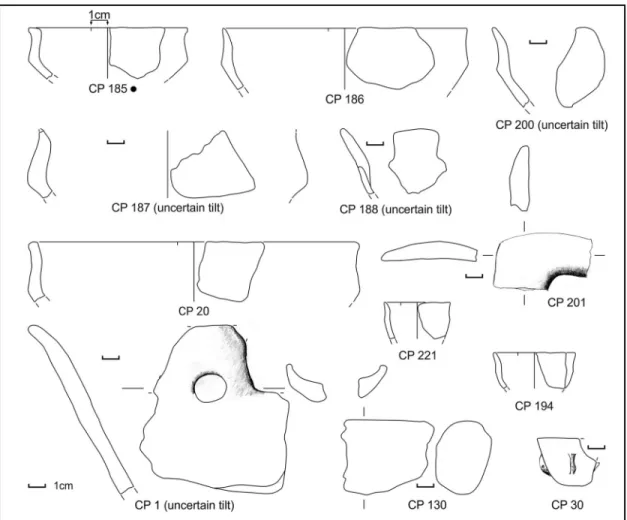 Fig 5. Potsherds from SU 202, open shapes. Black dots: sampled for physicochemical analyses